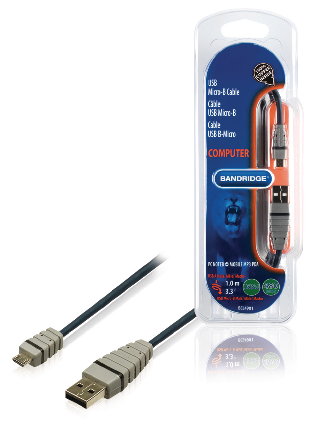 Bandridge USB 2.0 Cable USB-A Male - Micro B Male Round 2.00 m Blue