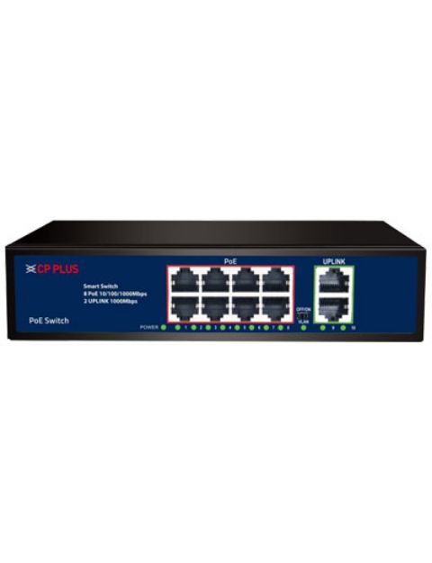 CP-Plus, 10 Ports Gigabit PoE Switch With 8 Gigabit PoE Ports & 2 Gigabit Uplink Ports, CP-DNW-GPU8G2-96-v3 